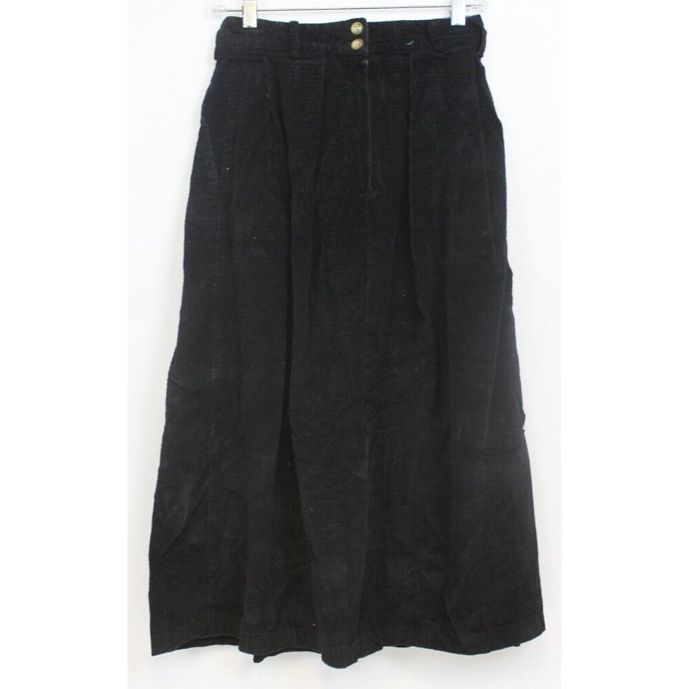 VTG 80s Silver Fern Black Corduroy Skirt sz 8 Pleated Long Pockets ZIp Button